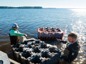 Volunteers build filters of oyster shells for the New River