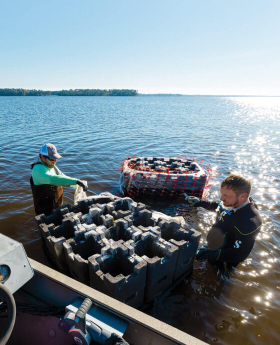 Volunteers build filters of oyster shells for the New River