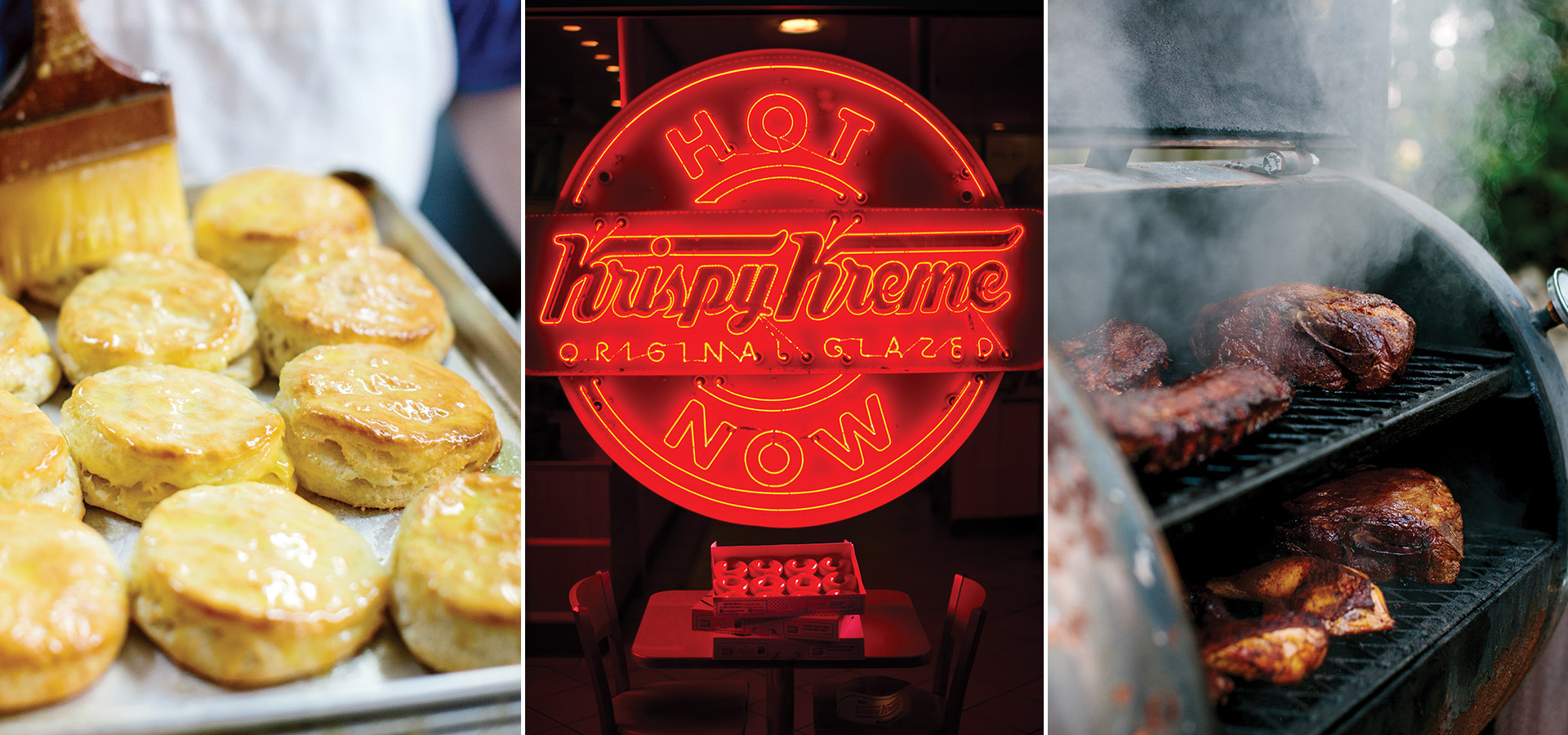Biscuits, Hot Now Krispy Kreme Sign. barbecue on the smoker
