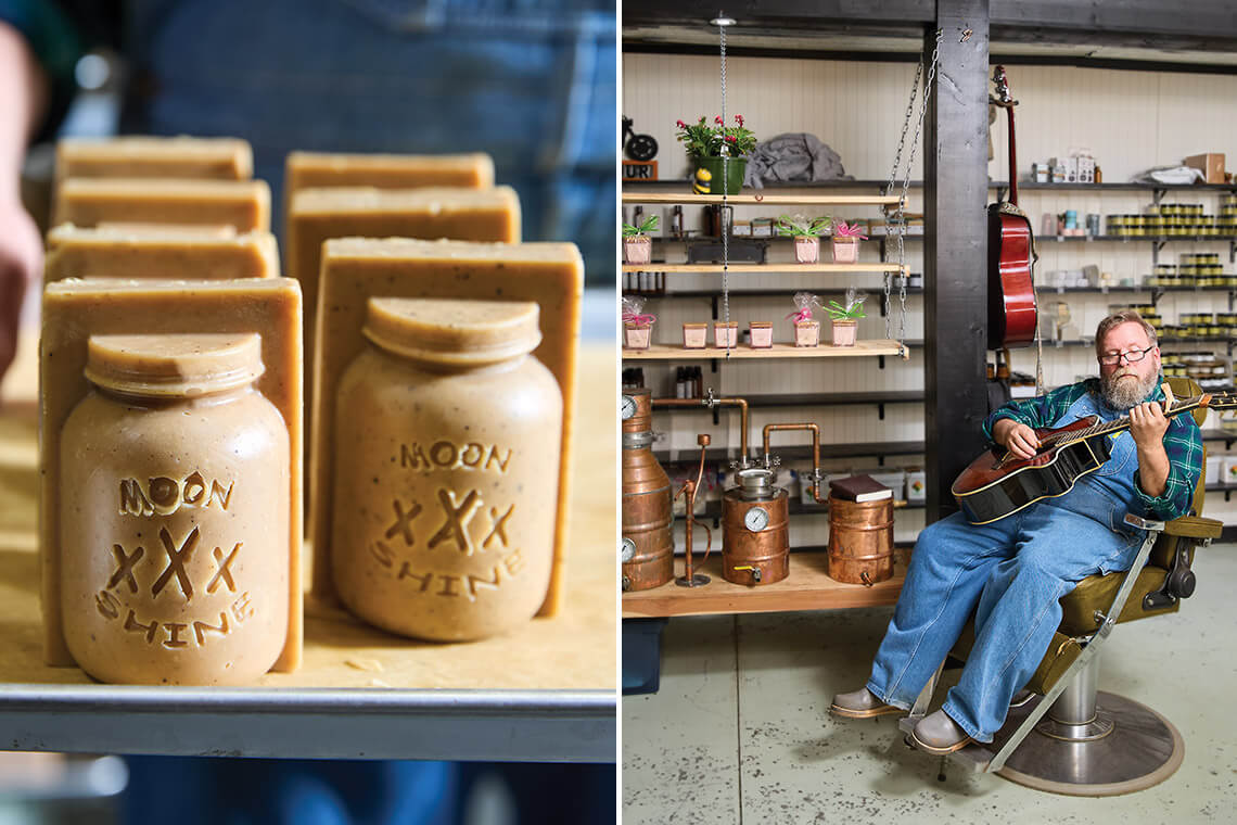 Tray of soaps from Moonshine Mountain Soap Company and Jeff Isenhour in his shop