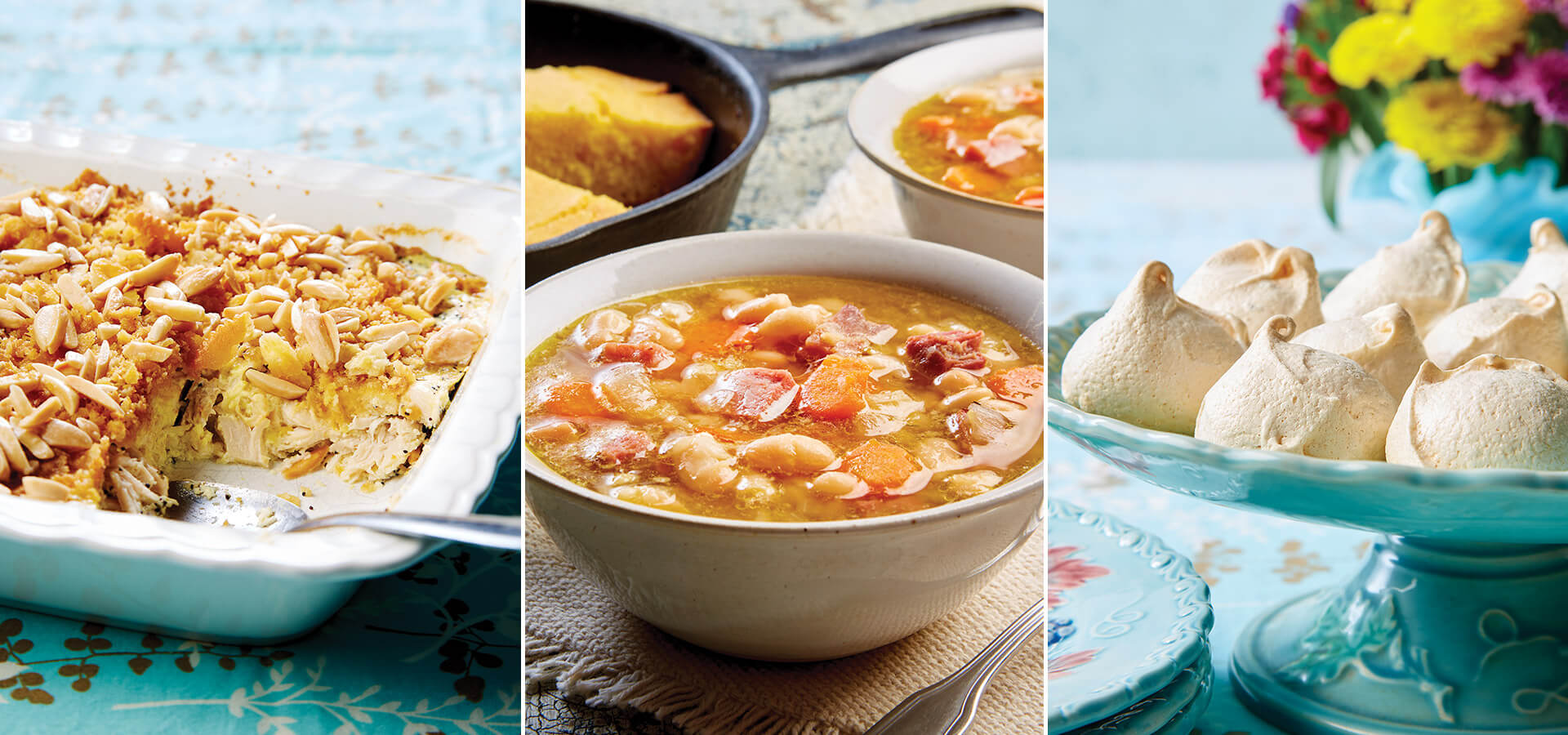 Poppy seed and chicken casserole, bean and ham bone soup, lavender meringues