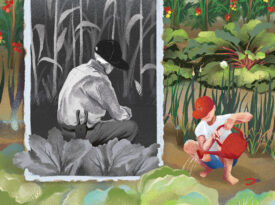 Illustration of boy and grandfather tending their garden
