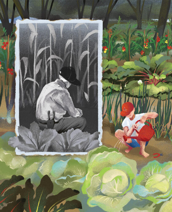 Illustration of boy and grandfather tending their garden