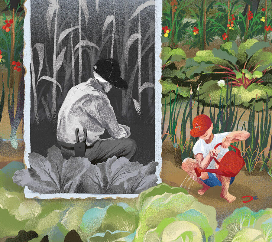 Illustration of boy and grandfather tending their garden