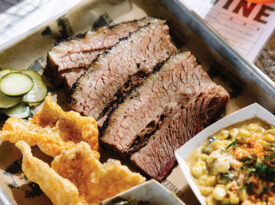 Platter of brisket and sides from Longleaf Swine