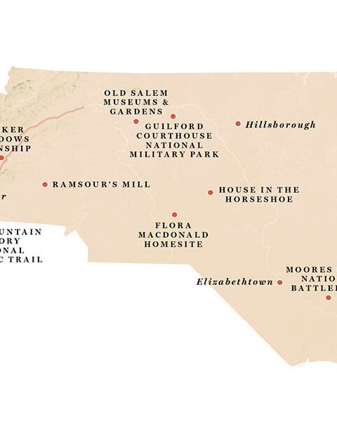 Map of North Carolina with historic sites