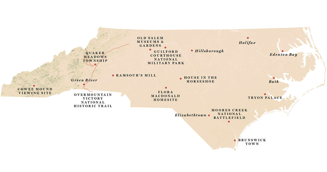 Map of North Carolina with historic sites