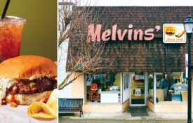 Hamburger and exterior of Melvin's in Elizabethtown
