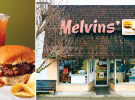Hamburger and exterior of Melvin's in Elizabethtown
