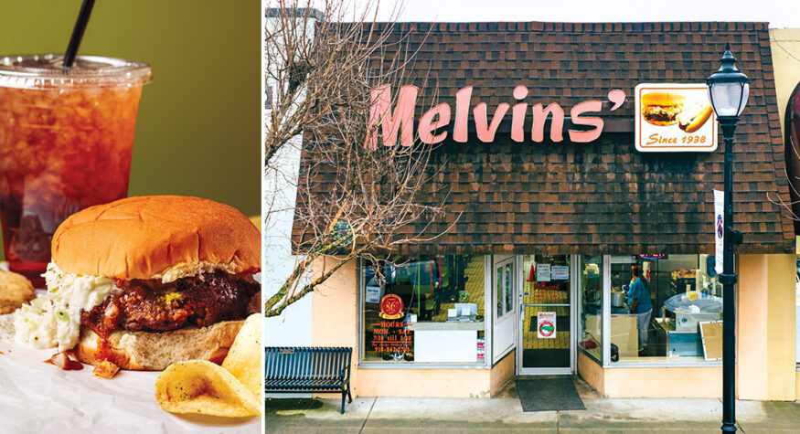 Hamburger and exterior of Melvin's in Elizabethtown