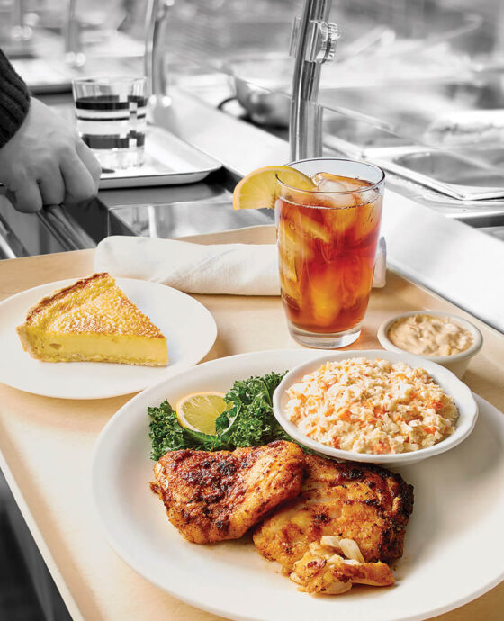 Cafeteria tray with cod, slaw, and egg custard pie