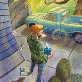 Illustration of author armed with allergy medications