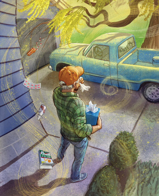Illustration of author armed with allergy medications