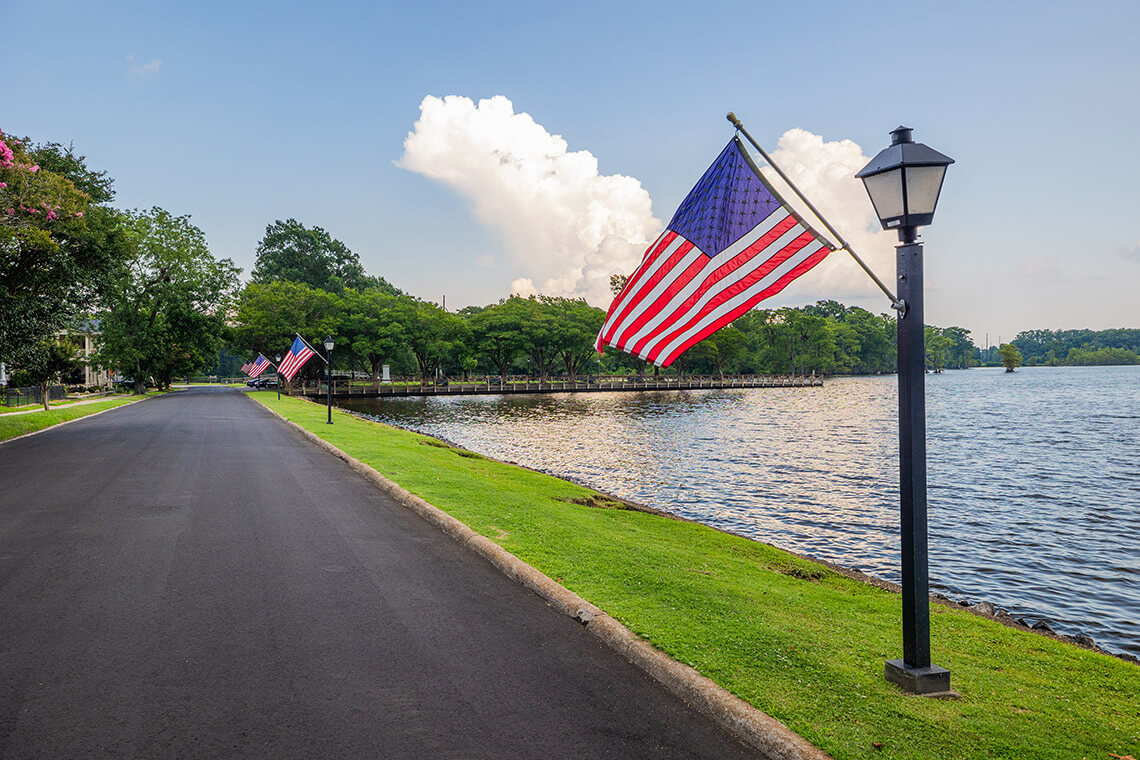 Edenton Waterfront and American flags