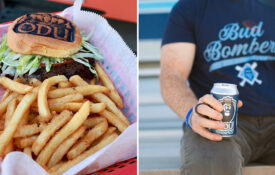 Cheeseburger and man holding beer