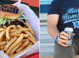 Cheeseburger and man holding beer