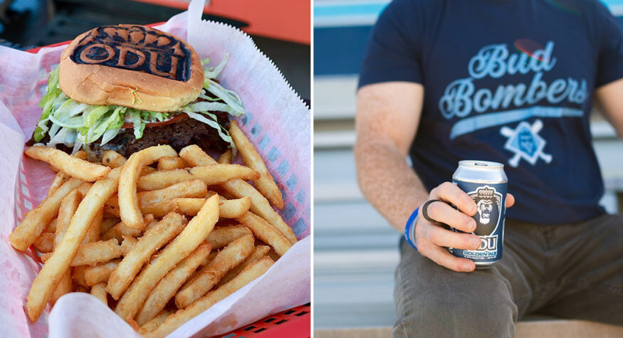 Cheeseburger and man holding beer