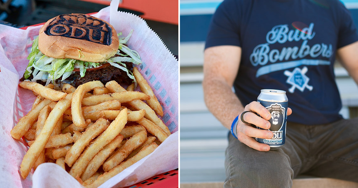 Cheeseburger and man holding beer