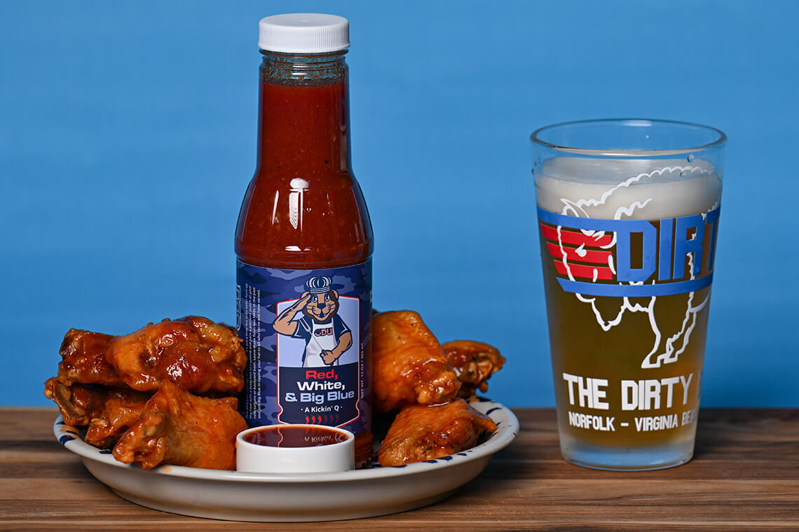 Plate of wings and beer from The Dirty Buffalo