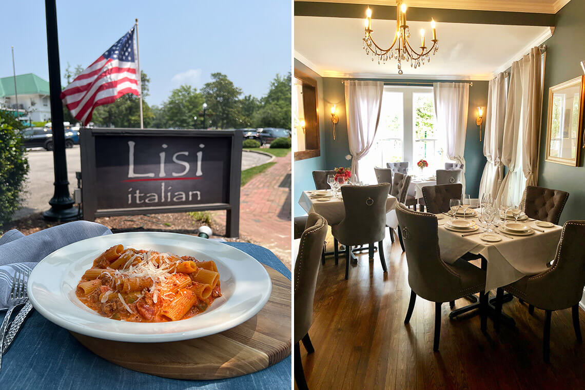 Bowl of pasta at Lisi Italian and dining room at Villaggio Ristorante