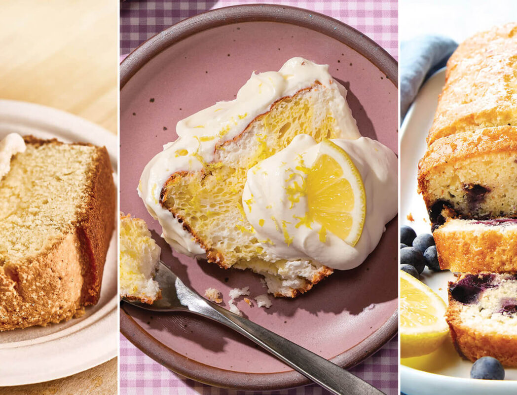 Cream cheese pound cake, daffodil cake, and lemon blueberry cake
