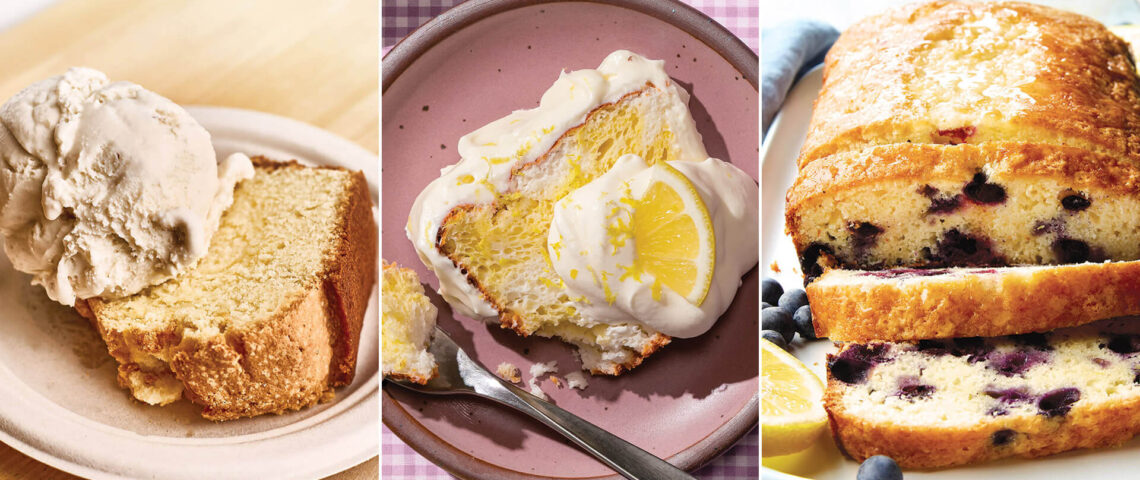 Cream cheese pound cake, daffodil cake, and lemon blueberry cake
