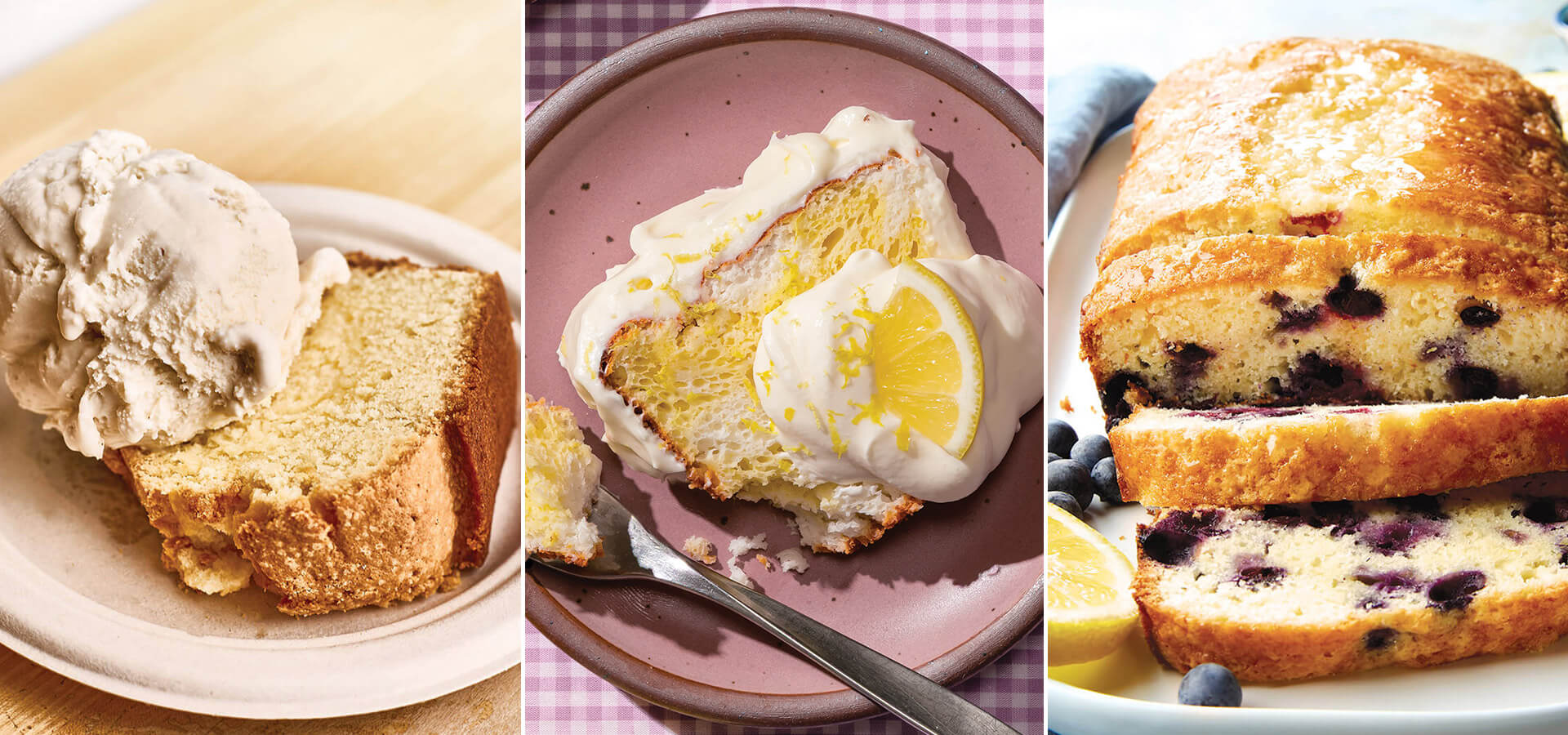 Cream cheese pound cake, daffodil cake, and lemon blueberry cake