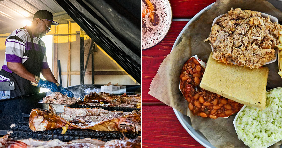 Meat cooks on the smoker at B's Barbecue and a plate of barbecue and sides from Sam Jones BBQ
