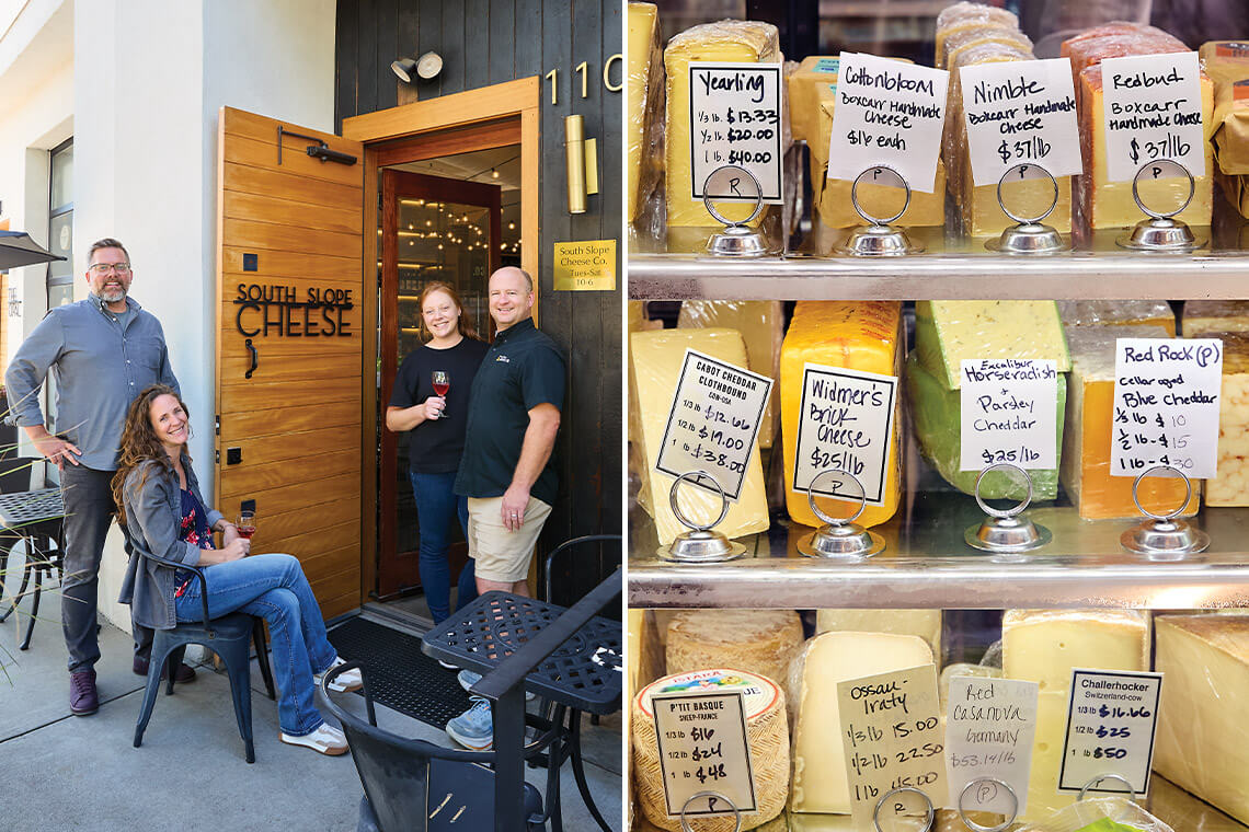Jeremiah, Maria, Abby, and Nate Day outside of South Slope Cheese Co. Selection of cheeses inside.