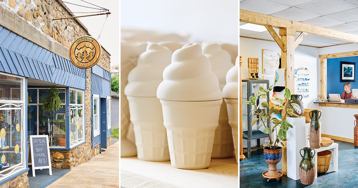 Exterior of Cold Mountain Art Collective, ceramic ice cream figures to paint, interior of Cold Mountain Art Collective