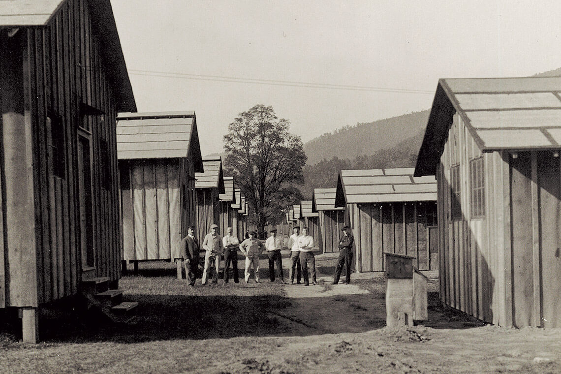 Black and white photo of Camp B Barracks at Old Heidelberg