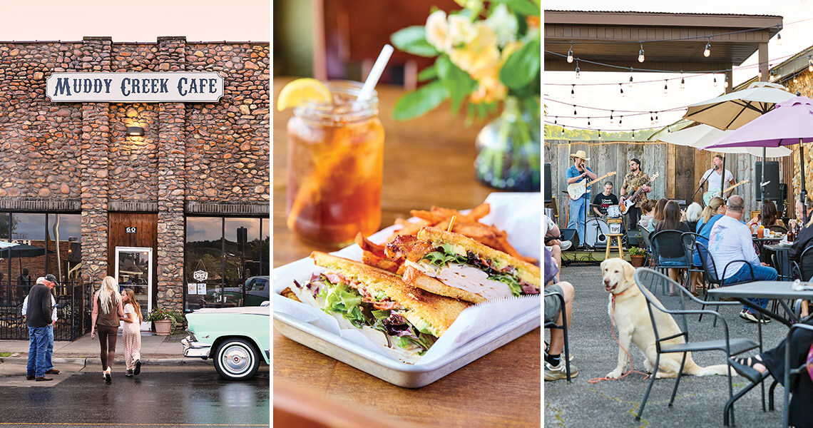 Exterior of Muddy Creek Cafe & Music Hall, Sparta Club sandwich, and band performs outside