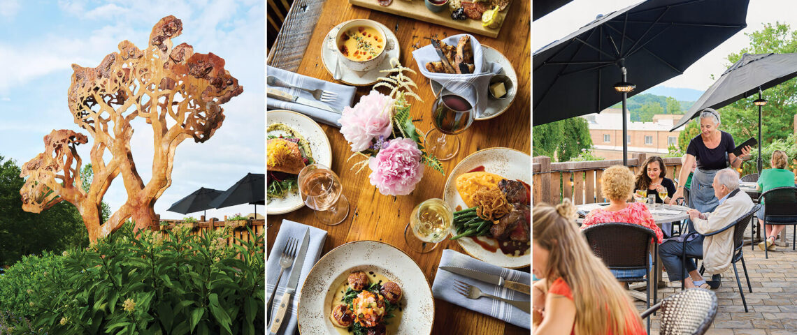 Metal tree at Singletree Heritage Kitchen, dinner table set with plates, outdoor dining