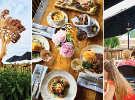 Metal tree at Singletree Heritage Kitchen, dinner table set with plates, outdoor dining