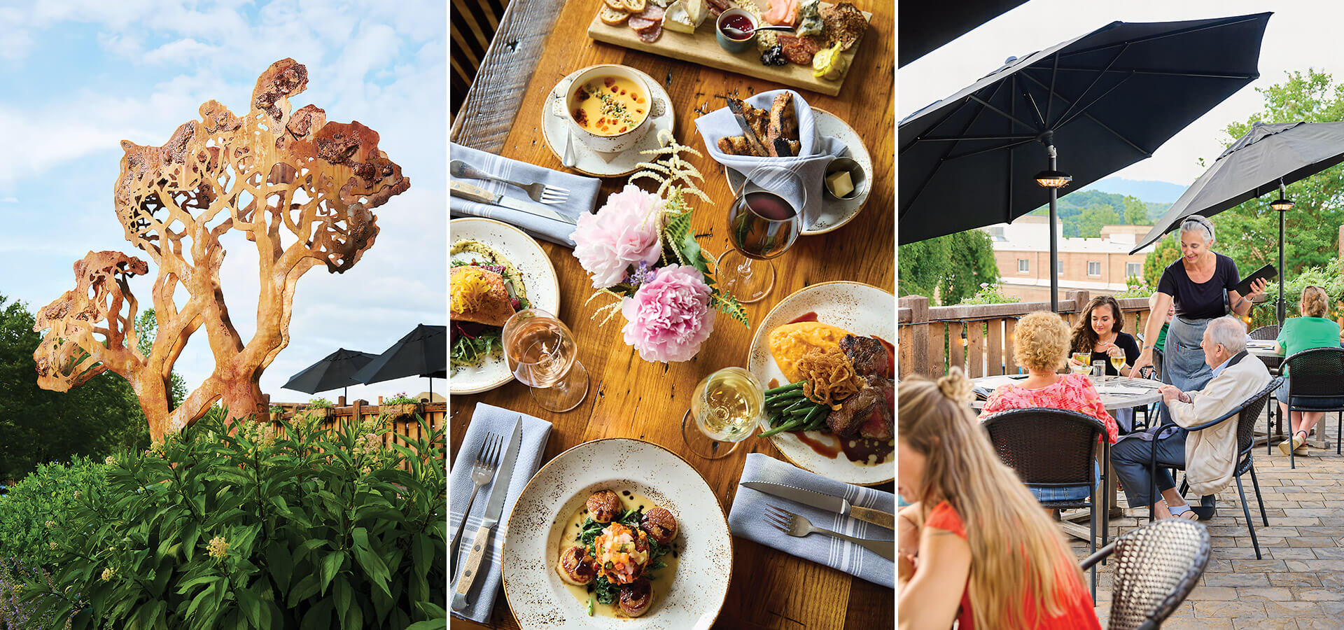 Metal tree at Singletree Heritage Kitchen, dinner table set with plates, outdoor dining