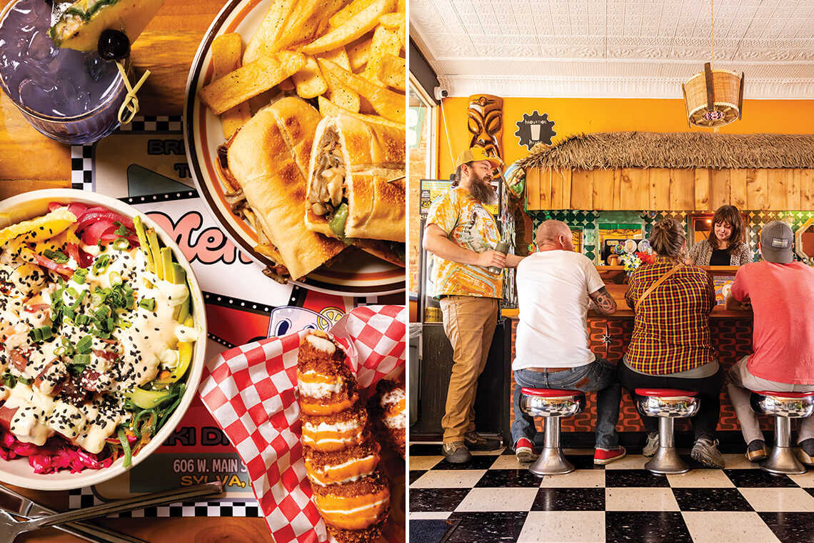 Food and people at the bar at Breadheads' Tiki Shak