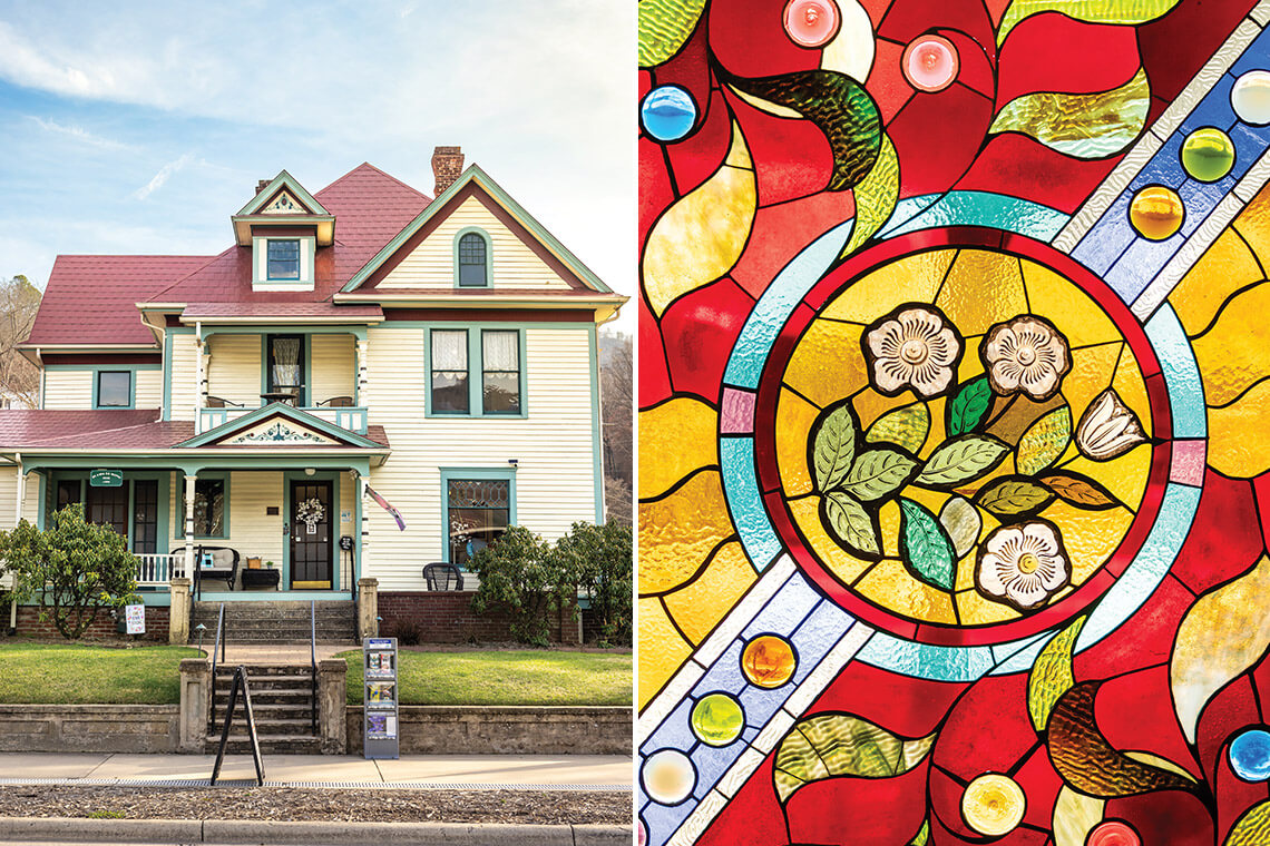 Exterior of the Hooper House and stained glass pane from the windows
