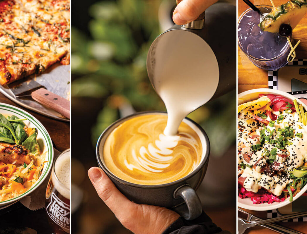 Red coconut curry and pizza from Mad Batter, coffee from Blue Ridge Bootleg Coffee, and plates from Breadheads' Tiki Shak