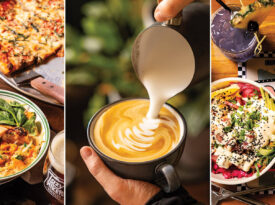 Red coconut curry and pizza from Mad Batter, coffee from Blue Ridge Bootleg Coffee, and plates from Breadheads' Tiki Shak