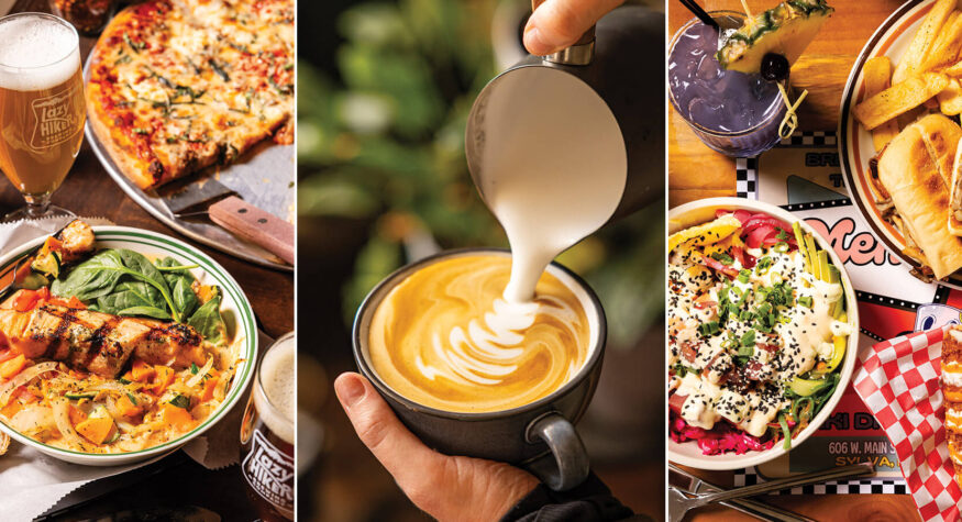 Red coconut curry and pizza from Mad Batter, coffee from Blue Ridge Bootleg Coffee, and plates from Breadheads' Tiki Shak