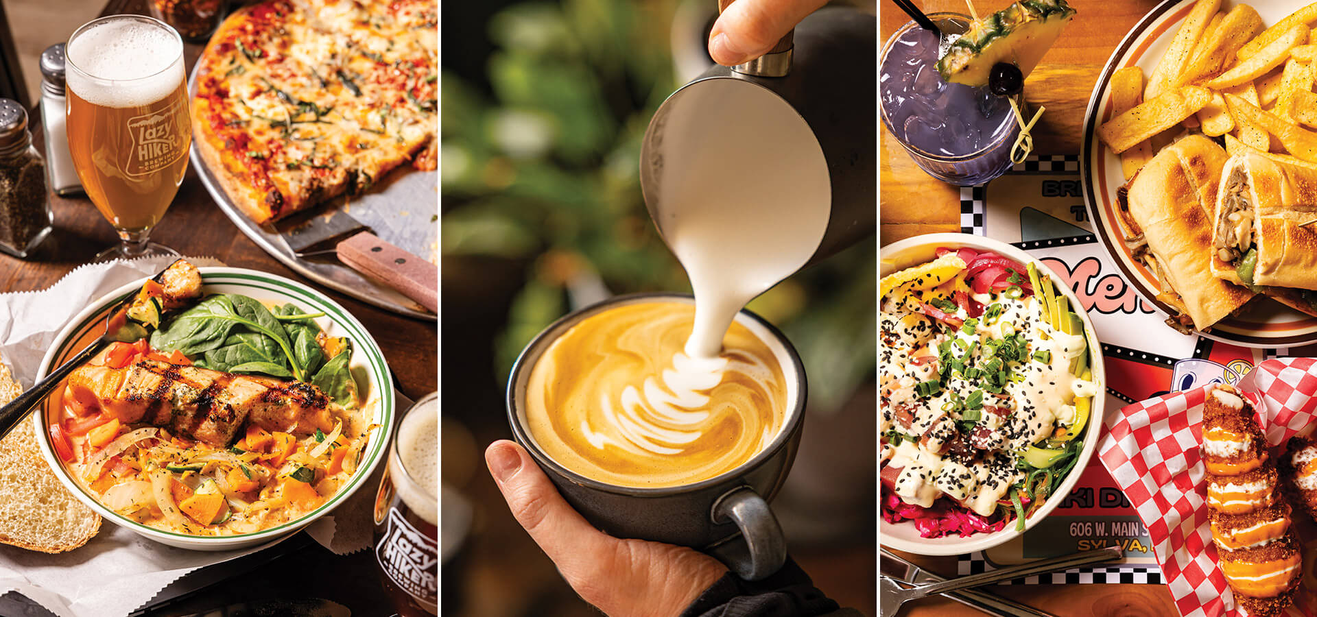 Red coconut curry and pizza from Mad Batter, coffee from Blue Ridge Bootleg Coffee, and plates from Breadheads' Tiki Shak