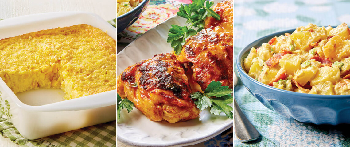 Corn pudding, butter-poached chicken, warm potato salad