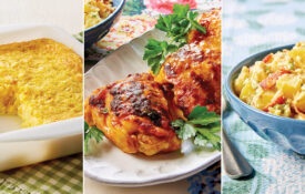 Corn pudding, butter-poached chicken, warm potato salad