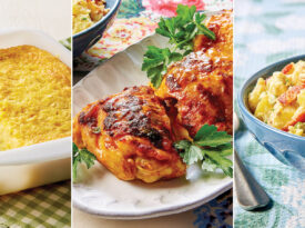 Corn pudding, butter-poached chicken, warm potato salad