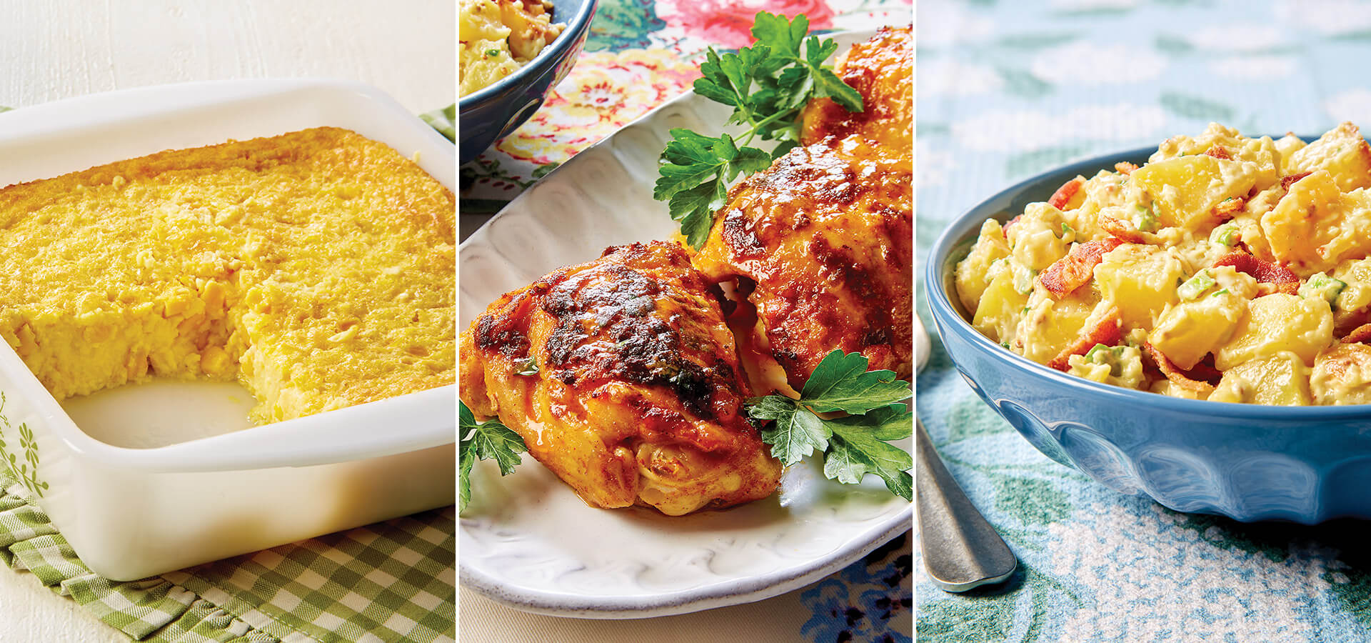 Corn pudding, butter-poached chicken, warm potato salad