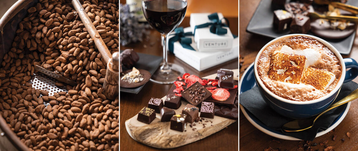 Roasting cacao beans, chocolate truffles, and hot chocolate at Venture Chocolate in Boone, NC