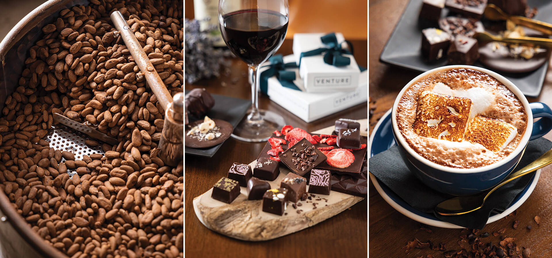 Roasting cacao beans, chocolate truffles, and hot chocolate at Venture Chocolate in Boone, NC