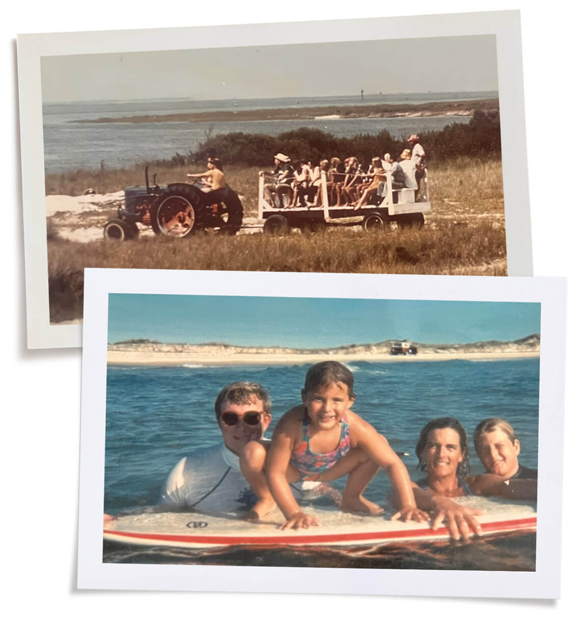 Bud driving jitney with visitors and children on a surfboard