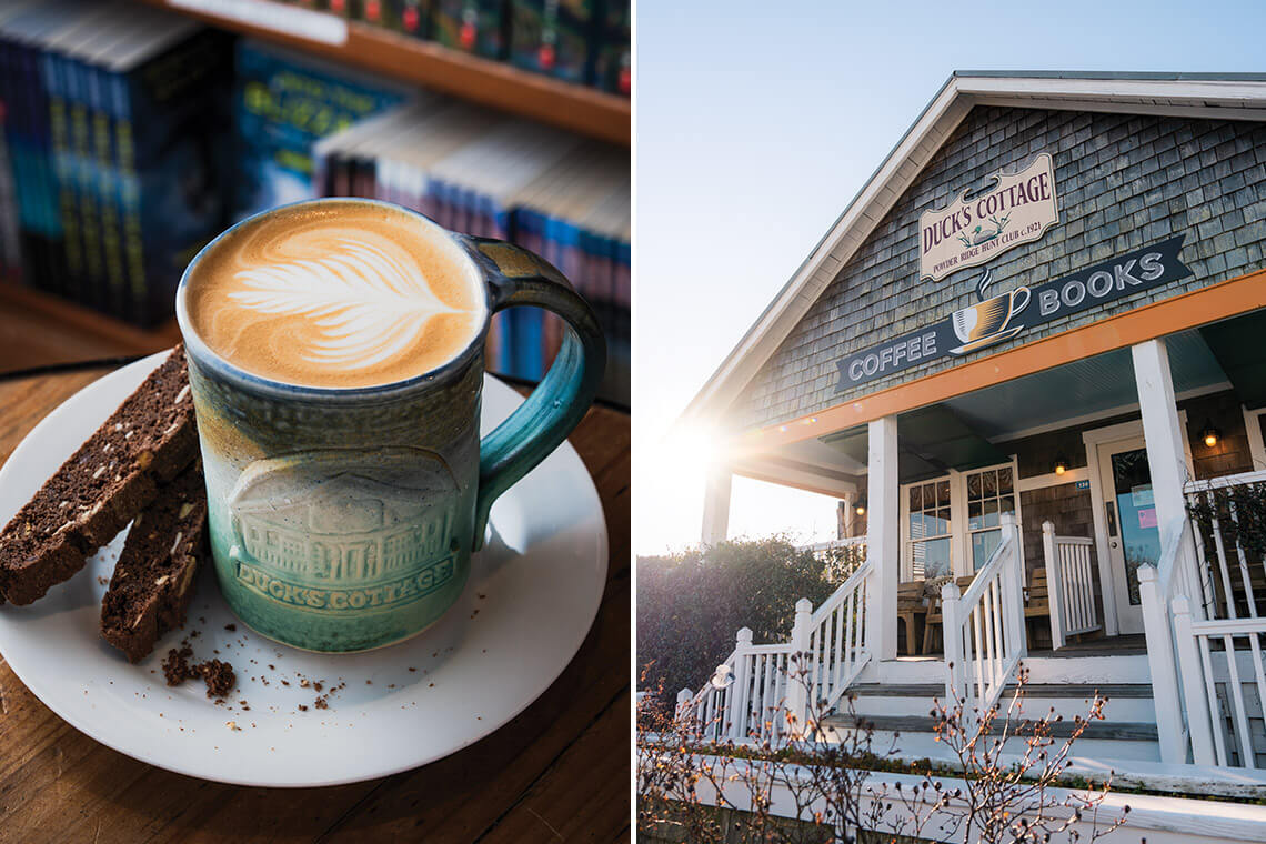 Coffee and biscotti; exterior of Ducks Cottage
