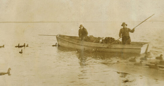 Black and white photo of hunters setting out duck decoys